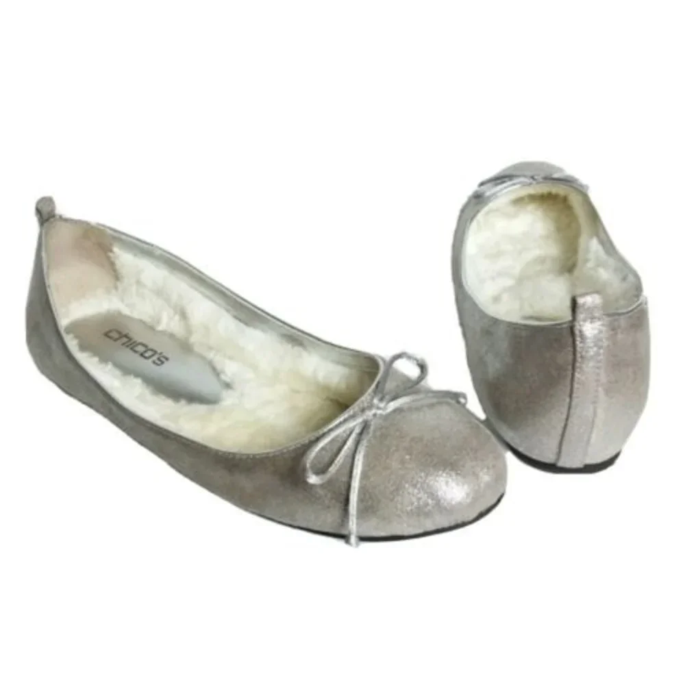 Chico's Glitter Faux Fur Lined Bow Front Flats Silver 9.5